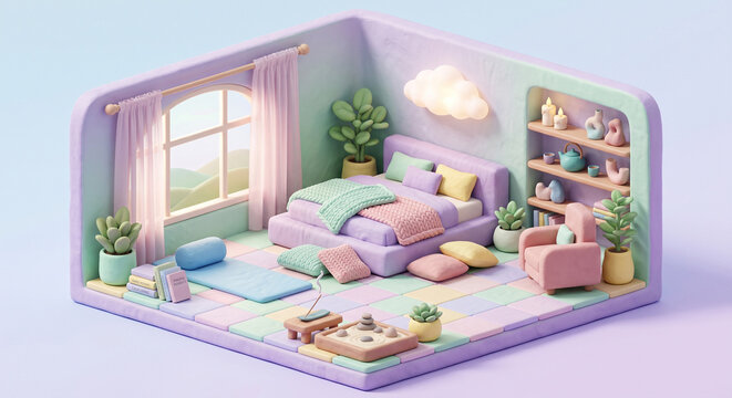 3D soft pastel room dedicated to relaxation and mindfulness - Trendy 3D isometric illustration_G1