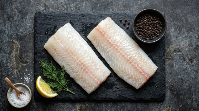 Fresh Raw White Fish Fillets on Black Slate Board with Lemon, Dill, Salt and Peppercorns for Cooking