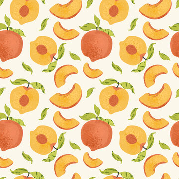 Peach seamless pattern with whole fruit halves slices and green leaves on cream background