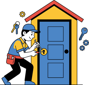 Locksmith character with tools opening a door, keys and gears around, flat design illustration