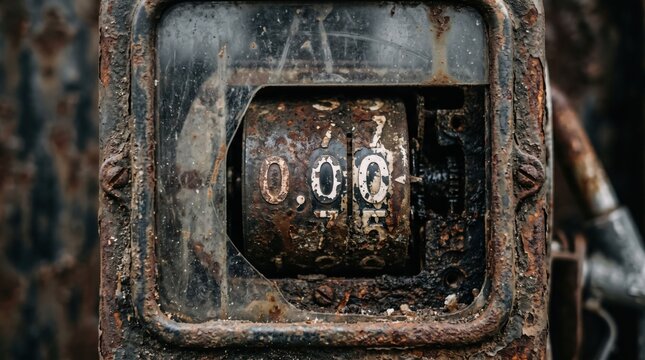 Rusted fuel pump display showing zero digits on a weathered machine. Abandoned infrastructure symbolizes the shift toward electric vehicle adoption.