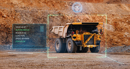 Autonomous heavy dump truck in quarry with hud telemetry overlay and status readout for industrial monitoring. Concept AI technology in smart machine © Parilov