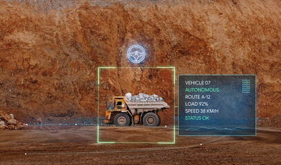Side view of autonomous mining dump truck carrying rocks in open quarry with hud telemetry overlay for monitoring. Concept AI technology in smart industrial machine © Parilov