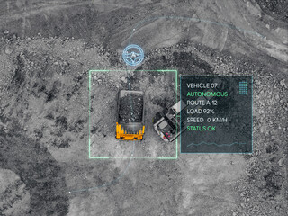 Aerial view of autonomous mining dump truck in quarry with hud telemetry overlay and status panel for fleet monitoring, AI technology in industrial © Parilov