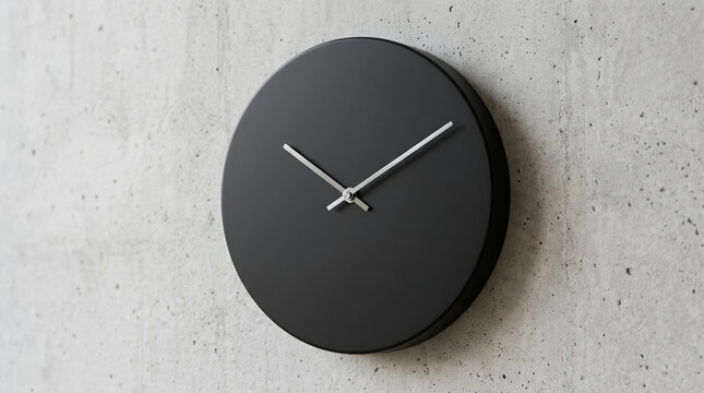 Minimalist Black Wall Clock Hanging on Industrial Concrete Wall Interior.