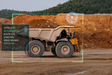 AI Autonomous mining dump truck with hud telematics display at open pit for industrial transport dashboard background and construction site monitoring © Parilov