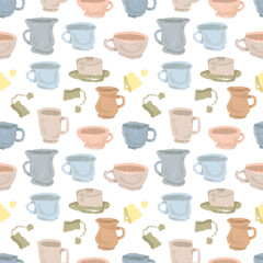 Fototapeta premium Cozy hand drawn teacups set in cute pastel crayon style. Pastel chalk mug collection illustration, warm autumn coffee cups isolated clipart