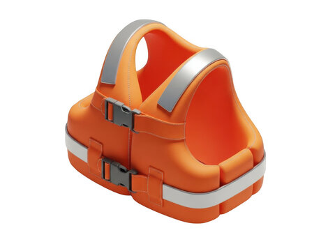 Orange life jacket with reflective silver stripes, professional safety vest for water sports, buoyant flotation device with plastic buckles