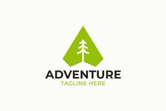 Pine Tree Arrow Logo Vector in Minimalist Green Triangle Style. Outdoor Adventure Branding Identity Icon for Camping and Expedition Business.