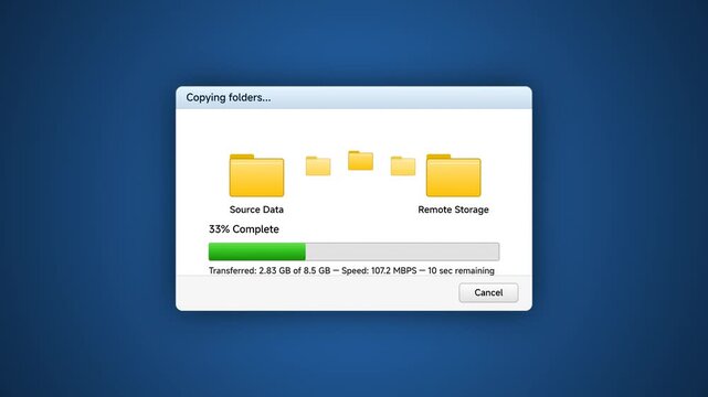Digital File Transfer Progress Interface Showing Data Migration Between Local Folders and Remote Cloud Storage Systems