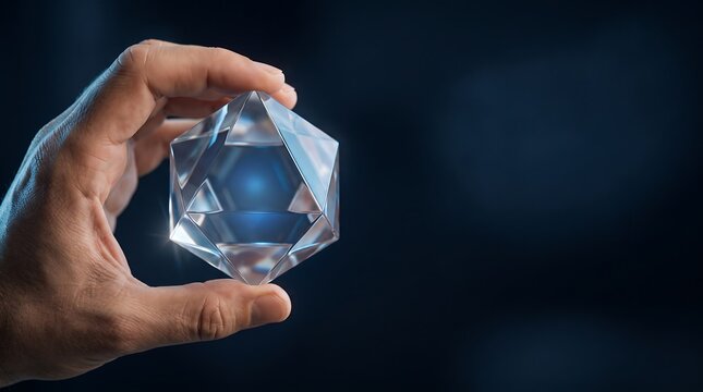 Hand holding a glowing geometric polyhedral crystal with crystal shape
