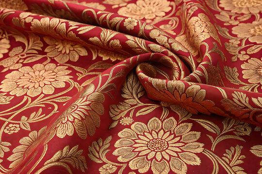 Traditional Indian brocade fabric, rich crimson red with elaborate gold woven floral motifs, highly detailed zari texture, elegant folds, photorealistic.