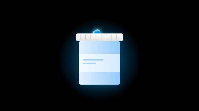 Professional vector animation of a medical container releasing capsules in a rhythmic floating motion, featuring a clean blue and white palette on a dark background with a seamless 5-second loop.