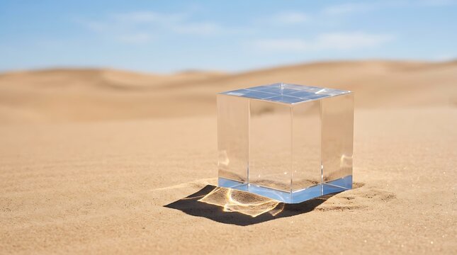 Transparent glass cube resting on sand dunes under a clear blue sky