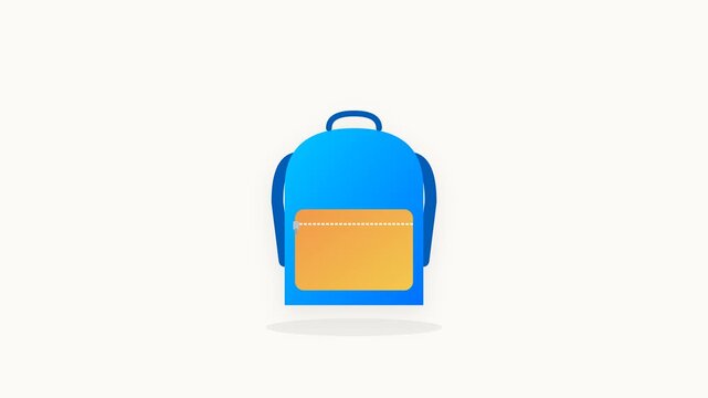 A vibrant 2D flat vector backpack in blue and orange gradients opens its zipper as travel items like a camera and passport float out in a smooth 5-second seamless loop.