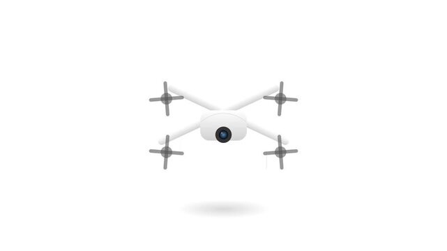 A sleek white and gray quadcopter drone icon featuring rapidly spinning propellers, trailing wind lines, and a soft glowing camera lens hovering over a clean white background.