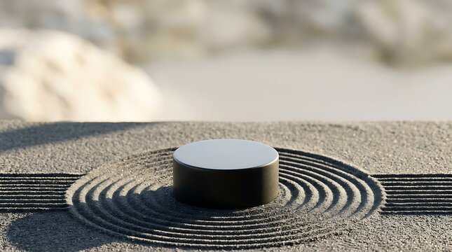 Black cylindrical product display stand on a raked zen sand garden background