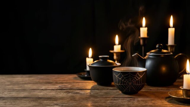 Halloween still life with candles, a steaming black kettle and spiderweb cup on a rustic table. Spooky seasonal decor for autumn.