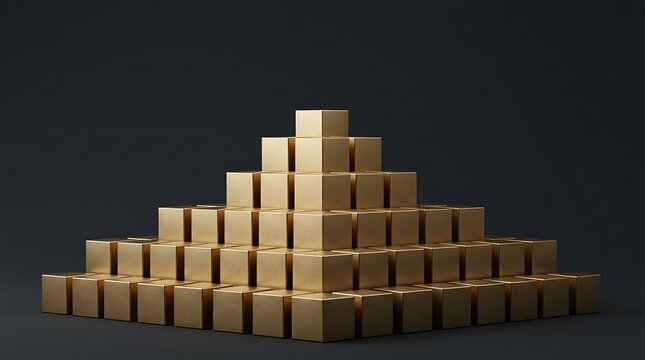 Pyramid of stacked gold cubes on a dark background with copy space