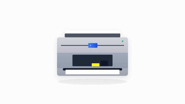 A clean vector illustration of a gray and blue printer featuring a seamless loop of white paper moving through the rollers while ink cartridges dock and a soft glow illuminates the output.