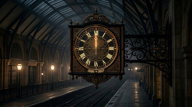 An ornate vintage clock hanging on a platform at a dark and foggy victorian style train station at night