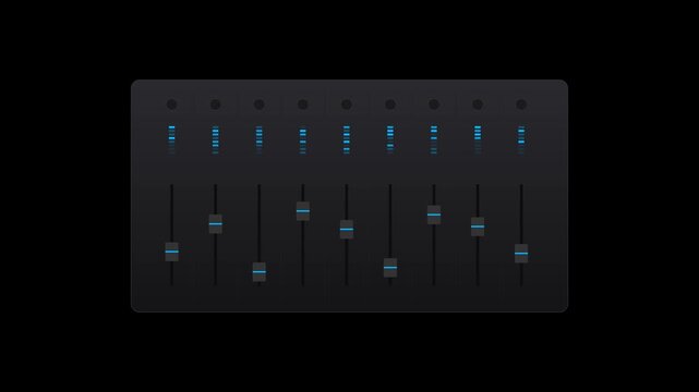 A high-fidelity 2D flat icon of a sound mixing desk featuring vertical faders moving in sync and glowing neon blue frequency bars on a sleek dark background with smooth 5-second looping motion.