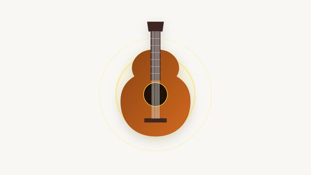 A brown and gold acoustic guitar featuring oscillating strings and expanding circular sound waves