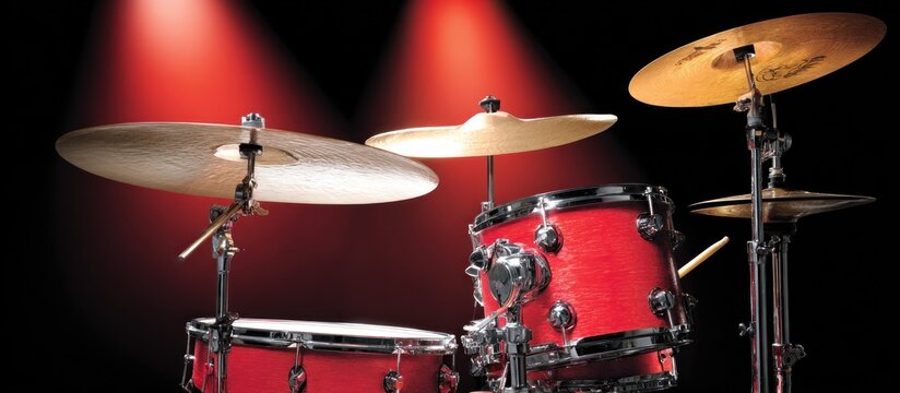 Professional red drum set with cymbals isolated against transparent background