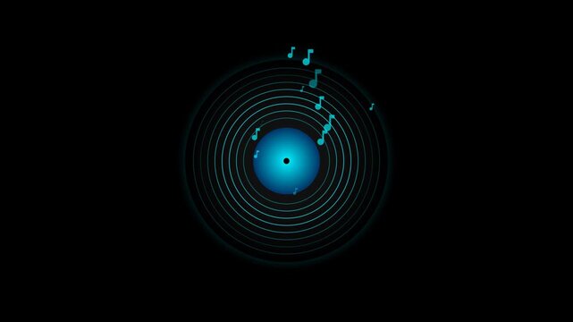 Professional 2D flat icon of a spinning black vinyl record featuring concentric neon blue grooves that pulse in sequence with floating musical notes on a black background.