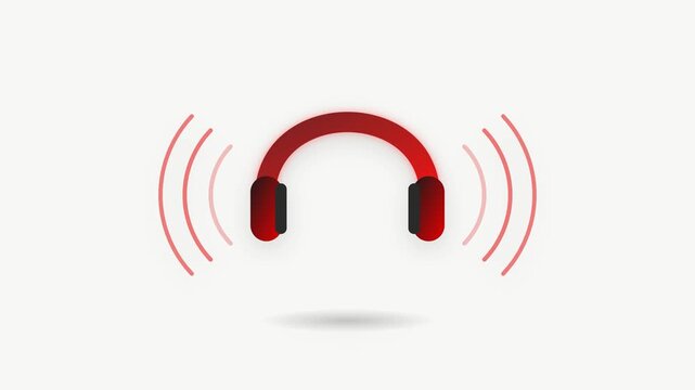 A sleek black and red gradient headphone set. The ear cups pulse rhythmically while concentric sound waves emanate outwards on a clean off-white background