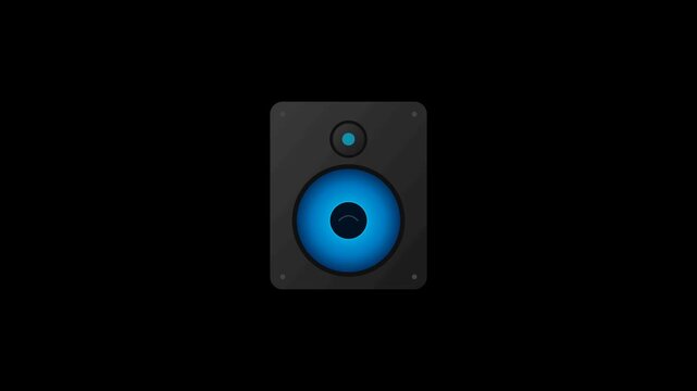 Dark gray cabinet and a vibrant blue gradient cone. The cone vibrates rhythmically while circular sound waves pulse outward