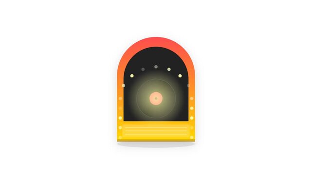 A 2D flat vector illustration of a classic jukebox featuring a red-to-gold gradient body, a rotating black vinyl record, and a sequence of glowing lights blinking in a seamless 5-second loop.