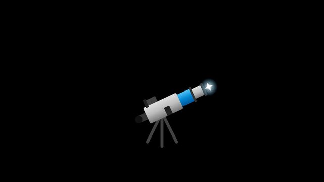A clean 2D vector telescope featuring blue and silver gradients. The lens smoothly extends and retracts in a 5-second seamless loop with a pulsing star glowing at the focal point.