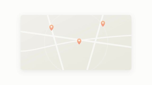 Map icon centered on an off-white background. Three vibrant gradient location markers drop sequentially onto stylized terrain