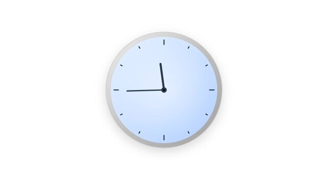 A crisp 2D flat vector clock featuring silver and blue gradients, rotating hour and minute hands, and a soft inner glow with animated sparkle particles on a clean white background.