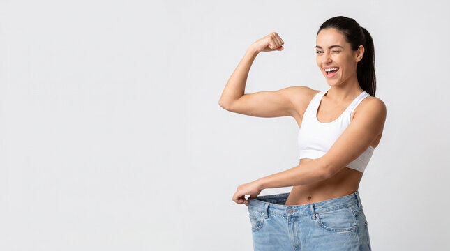 Happy Woman Showing Oversized Jeans After Weight Loss, Body Transformation, Slim Waist, Fitness Success and Healthy Lifestyle 