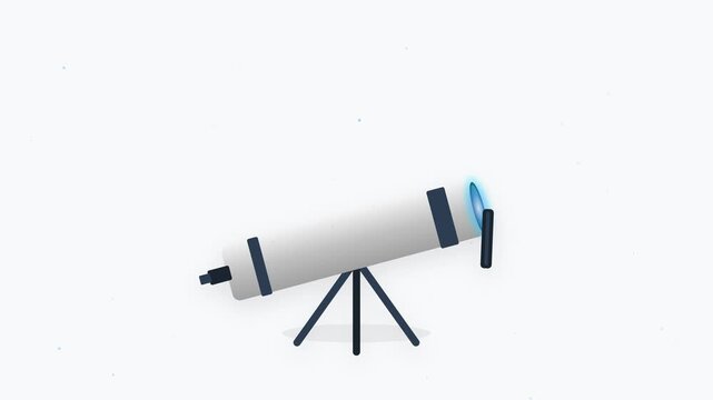 A high-quality 2D flat vector telescope icon featuring a mechanical lens cap that opens to reveal a pulsing blue glow, accompanied by shimmering star particles on an off-white background.