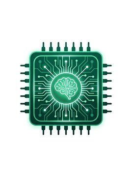 Glowing green artificial intelligence brain icon on a computer processor chip