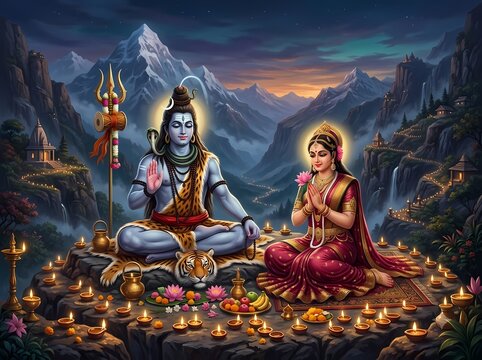 Lord Shiva and Goddess Parvati. Divine Hindu Couple in Himalayan Landscape. Spiritual Meditation Scene. Traditional Mythological Illustration