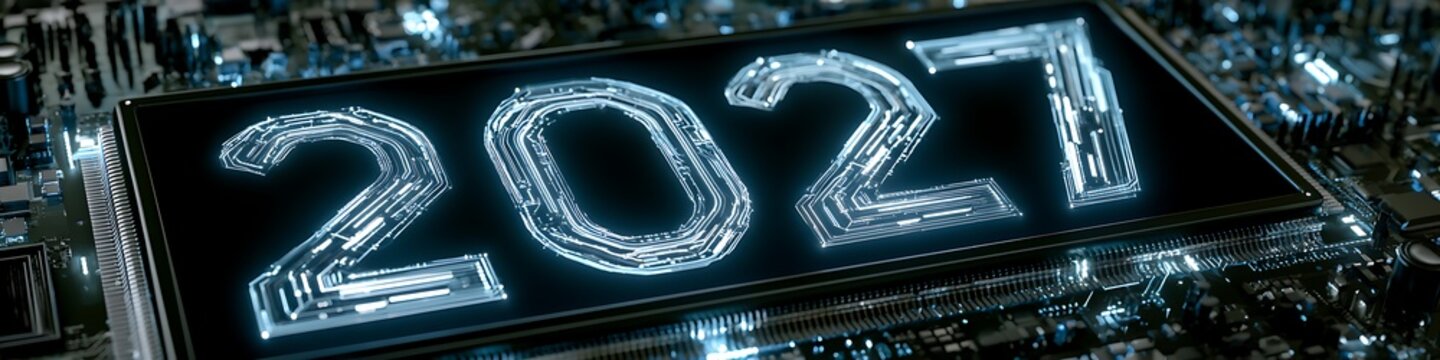 Circuit board pattern forms the year 2027 on a futuristic microchip processor.