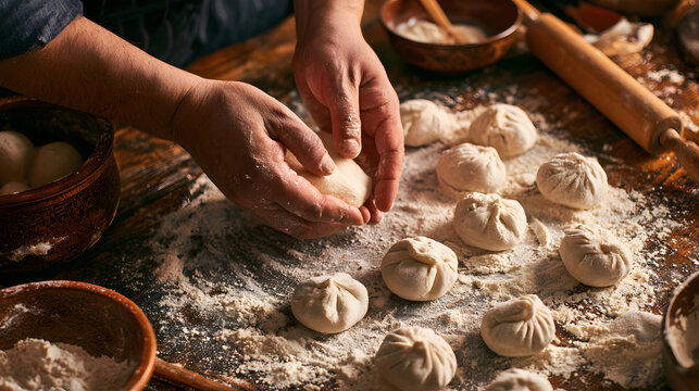 Hand making dumpling on flour wooden table in warm kitchen with dough and rolling pin