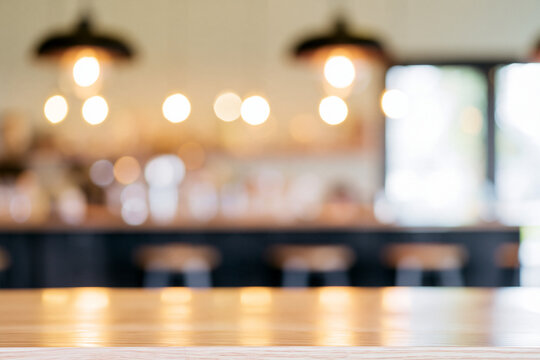 Defocused cafe counter with warm pendant light bokeh, blurred coffee shop backdrop