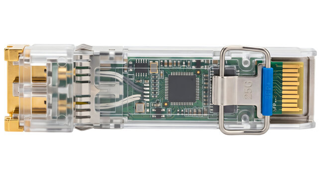 SFP transceiver module photography, optical fiber network equipment close up