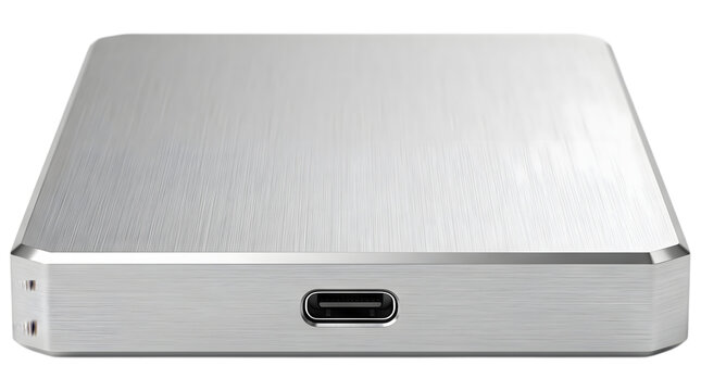 External portable hard drive photo, silver aluminum solid state storage device with USB C port