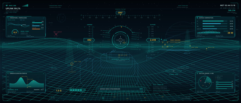 Futuristic geospatial HUD displays cyan wireframe terrain, a central radar scanner, route path, elevation charts, topographic contours, and tactical data panels across a dark technical interface.