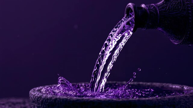 Purple potion pours from an ornate spout into a bubbling basin, creating a mysterious Halloween magic scene.
