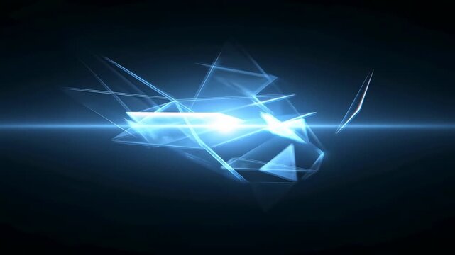 Blue luminous geometric forms shift around a horizontal beam in a dark abstract space. Technology presentations, innovation promos, and digital product intros.