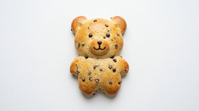 Cute teddy bear shaped baked bread bun with chocolate chips on a plain white background