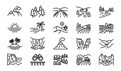 Fototapeta premium Nature Travel Mountain Forest Beach River and Countryside UI Icons