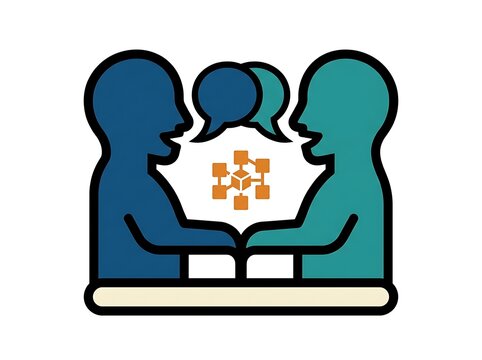 Two people talking with speech bubbles and a central network connection icon